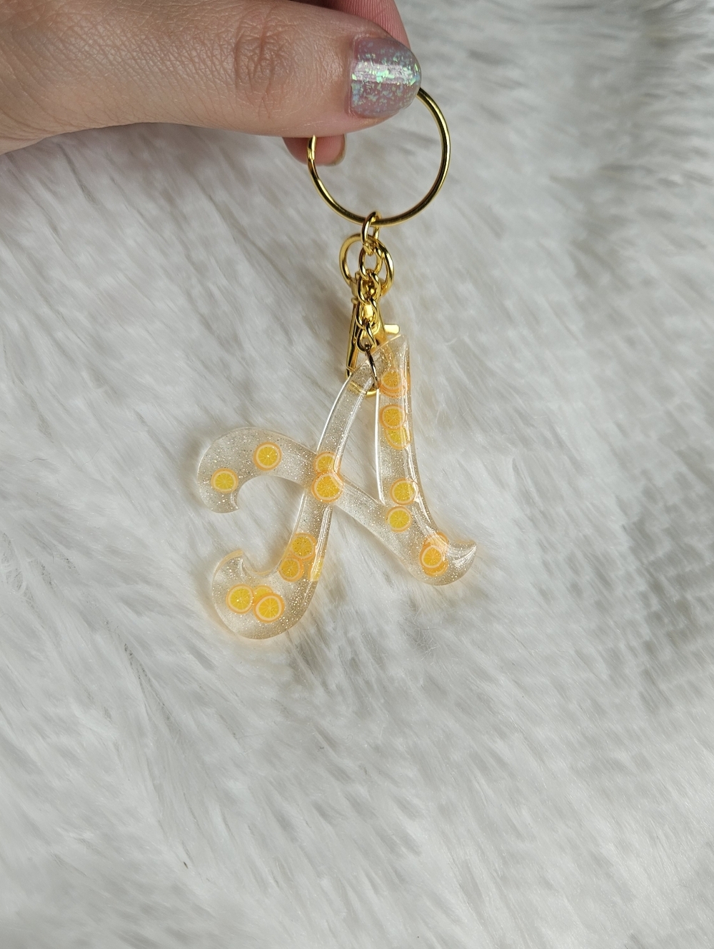 Handmade Letter A Resin Keychain With Glitter And Oranges